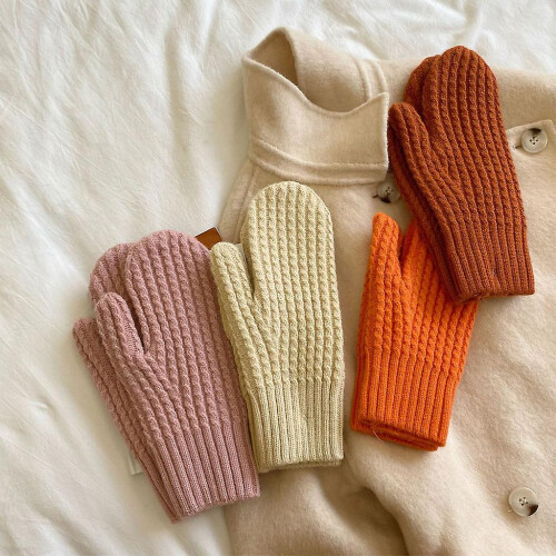 (Ginger) Soft Crochet Gloves Driving Full Finger Mittens Solid Color Knitted Gloves 1