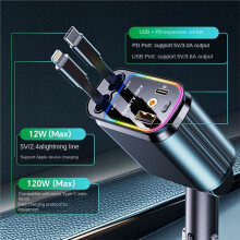 Caricabatteria da Auto da 120 W, Adattatore per Accendisigari Retrattile, Illuminazione A Stella, Tipo C, Cavo di Ricarica da 80 cm per Telefono