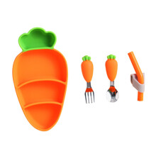 Carrot-Shaped Silicone Feeding Set for Toddlers, Includes Plate, Spoon, Fork, and Straw, Dishwasher Safe, Easy to Clean