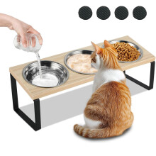 Cat Dog Food Feeding Stand Station Stainless Three Raised Bowls Holder