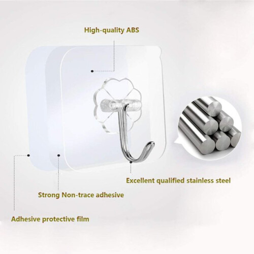 Heavy Duty Adhesive Wall Hooks, Stainless Steel Construction, Multi-functional, Waterproof, Transparent Design, Smooth Surface Application, Decorative 2