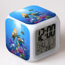 Colorful Minecraft Alarm Clock With Smart Low Night Light, Multipurpose Desk Table Clock Glowing LED Lights Changing 7 Colors For Kids Bedroom Decor
