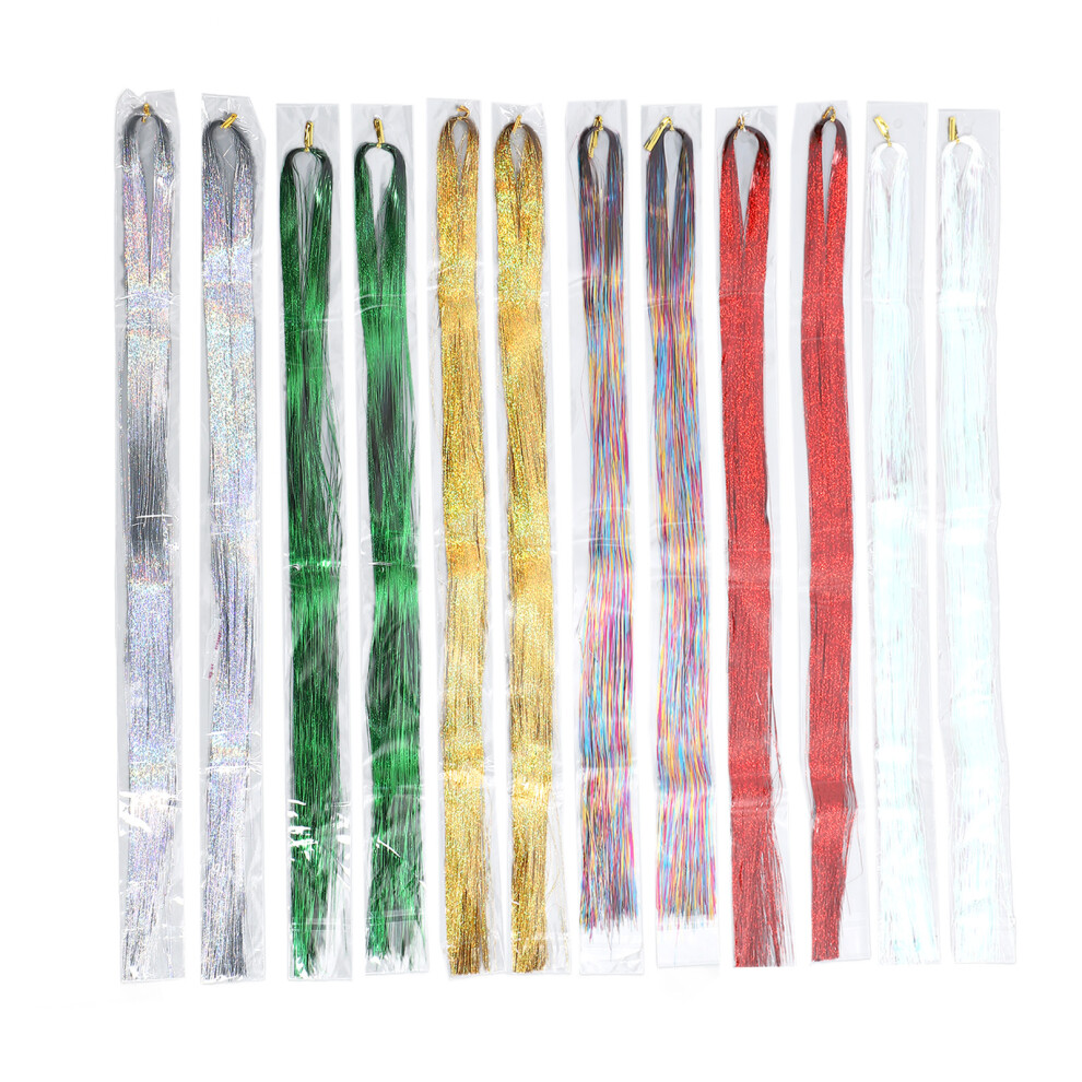 12 Pcs Colorful Glitter Hair Tinsel Kit with Crochet Hook Pliers Rings