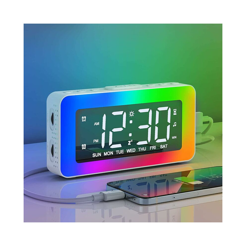 Digital Alarm Clock For Kids With Wake-Up Sounds, Rgb Atmosphere Dual Alarms, Usb Charger Light