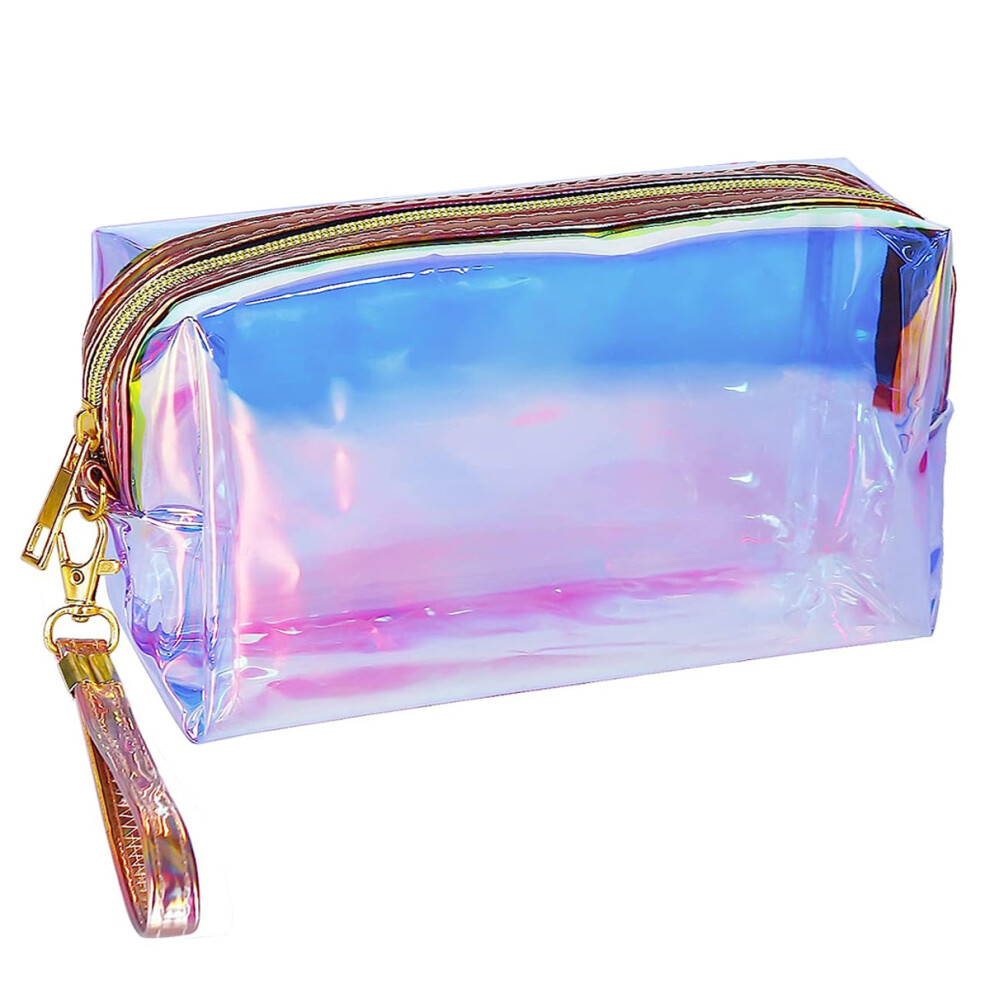 Clear Toiletry Bag, Iridescent Design with Hand Strap for Convenient Carrying, Women's Large Waterproof Makeup Pouch (Pink)
