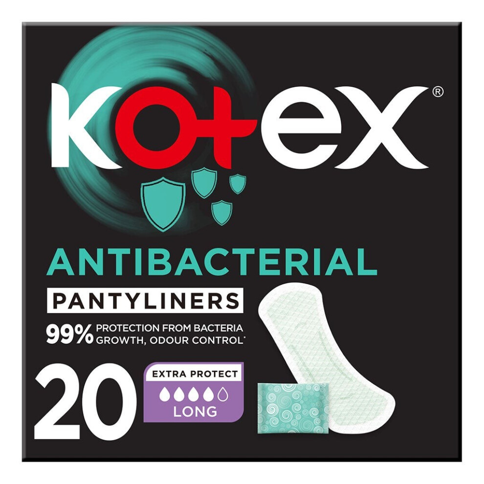 Kotex Antibacterial Daily Panty Liners  | 99% Protection From Bacteria, Scented, Long Size, - Pack of 20'S