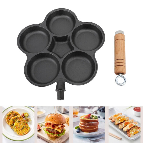Cast Iron Pan, Uncoated Breakfast Pan, Non-Stick Omelette Pan, Five-Hole Hamburger Mold, Egg Dumpling Frying Pan 2