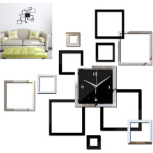 Removable Acrylic Square Mirrors, Battery Operated Silent Decorative Wall Clocks for Home Decor, Non-Ticking for Living Room Bedroom (Black & Silver)