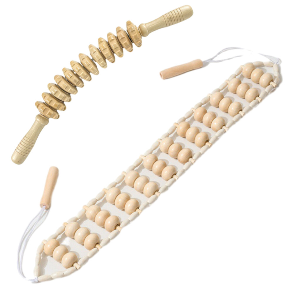 In 1 Massage Tools & Equipment For Anti-Cellulite, Body Sculpting With Curved Massage Roller Stick And Rope Massager In Natural Wood