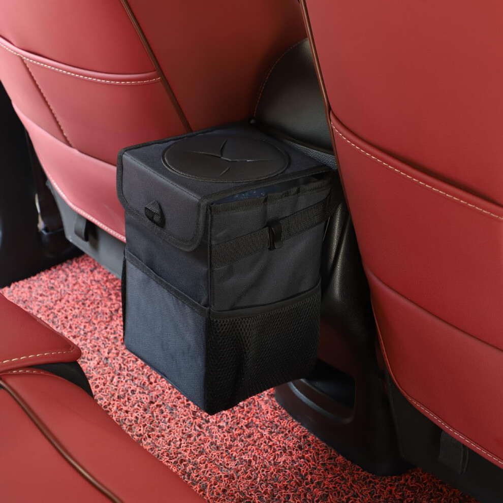 Waterproof Car Trash Can With Lid, Leakproof Garbage Bin With Dual Storage Pockets, Black 9382693631657