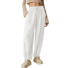 Pantaloni casual da casa con tasche, vita alta, gamba larga, misto cotone, vestibilità ampia, coulisse, pantaloni traspiranti in misto lino con