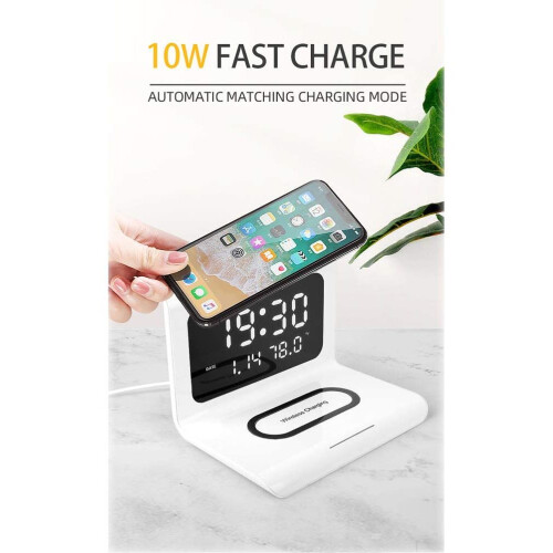 Smart Device Wireless Charging 3 In 1 Charging Station, Universal Compatibility Alarm Clock with Portable Cable Storage Box for Apple and Android Devi 1
