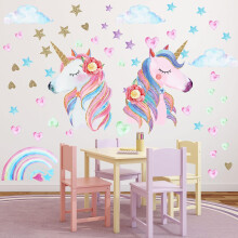 Magic Unicorn Wall Art, Girls Room Decoration With Rainbow Unicorn Decals, Watercolor Design For Dreamy Spaces