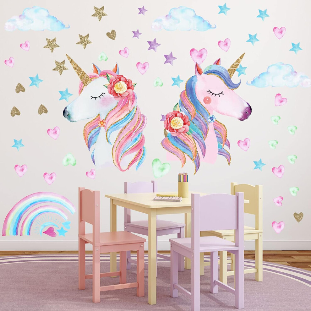 Magic Unicorn Wall Art, Girls Room Decoration With Rainbow Unicorn Decals, Watercolor Design For Dreamy Spaces