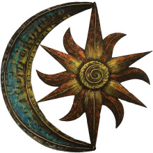 Retro-Wanddeko aus Metall mit Sonne und Mond, handbemalt, radial angeordnet, für drinnen und draußen, einfache Montage mit rückseitigem Haken für