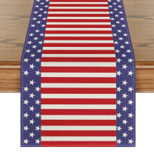 Genanvendelig bordløber til patriotisk dekoration, elegant design med akvarelstrimler og stjerner på fiberflax, holdbart materiale tilbyder