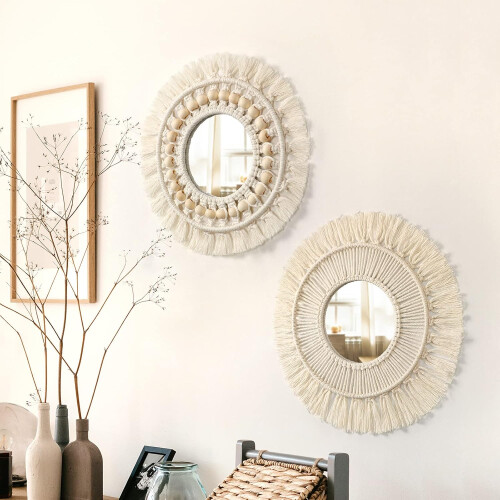 Διακόσμηση τοίχου Boho, εξαιρετικά σχεδιασμένος καθρέφτης μακραμέ, εξαιρετικής 2