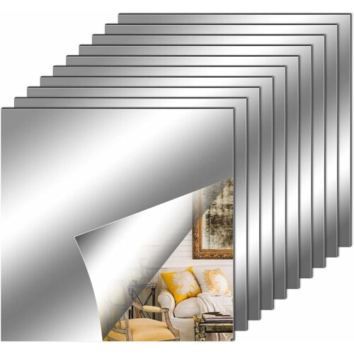 Non Glass Safety Mirror Sheets, Square Cuttable for Multipurpose DIY Projects, Space Visual Expansion by Reflective Effect, 10 Pieces, Silver, 30 x