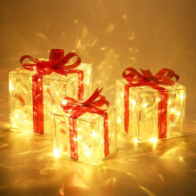 Beleuchtete LED-Geschenkboxen, warmweiße LEDs, transparentes PVC, Metallrahmen, beleuchtete Weihnachtsgeschenkboxen mit roten Schleifen, einfache