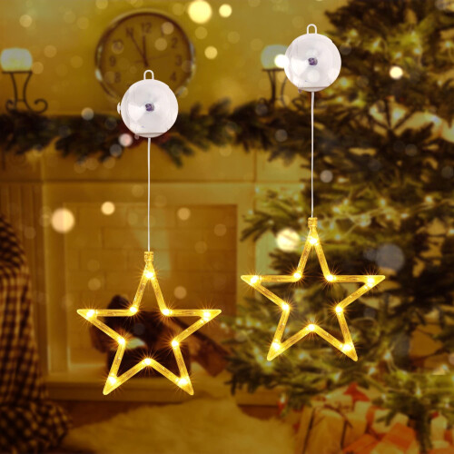 Warm Light Star Christmas Window Lights, 8 Modes LED Twinkle for Indoor Decor, Battery-Powered Hanging Lights with Timer & Memory Function for
