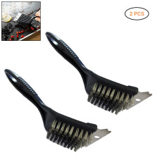 Ergonomic Grip Grill Tool For Charcoal Smoked Porcelain Various Infrared Gas Grills, Triple Bristle Grill Brush, 2Pcs, Black