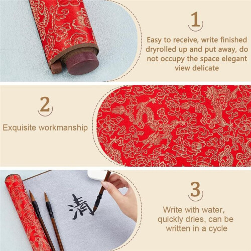 4Pcs No Ink Chinese Calligraphy Practice Set Reusable Water Writing Magic Cloth Scrolls Calligraphy Writing Brushes 1