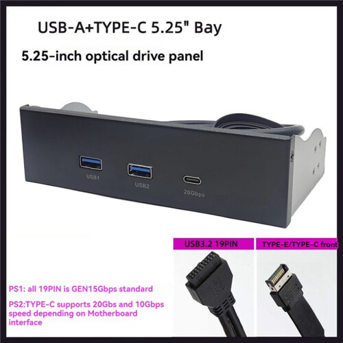 2X Painel Frontal USB para PC 2 Portas USB 3.2 GEN1 5 Gbps + 1 Porta TIPO C 10 Gbps/20 Gbps Hub para Desktop 5,25 Polegadas Compartimento para Unidade 2