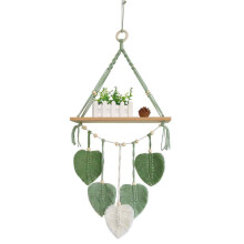 Rustic Wood Storage Display Shelf, Floating Plant Shelf, Boho Wall Plant Hanger Shelves, Handmade Woven Leaves, Macrame Wall Hanging with Versatile