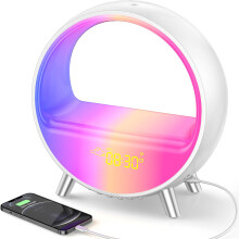 Bluetooth Audio Smart Table Lamp, Wireless Charger with Ambience Light Alarm Clock and App Control, Adjustable Light Color Dimmable Mood Light for