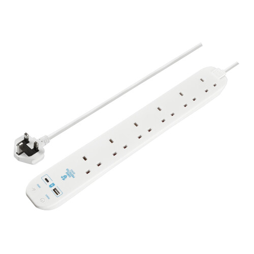 Masterplug 6 Socket 2m Surge Lead with USB A+C Pro