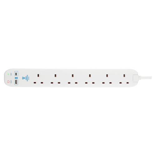 Masterplug 6 Socket 2m Surge Lead with USB A+C Pro 1