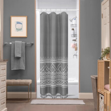 Perdea de duș cu dungi vintage, stil boho, set de decor pentru baie durabil și absorbant, cu covorașe antiderapante, design geometric abstract,