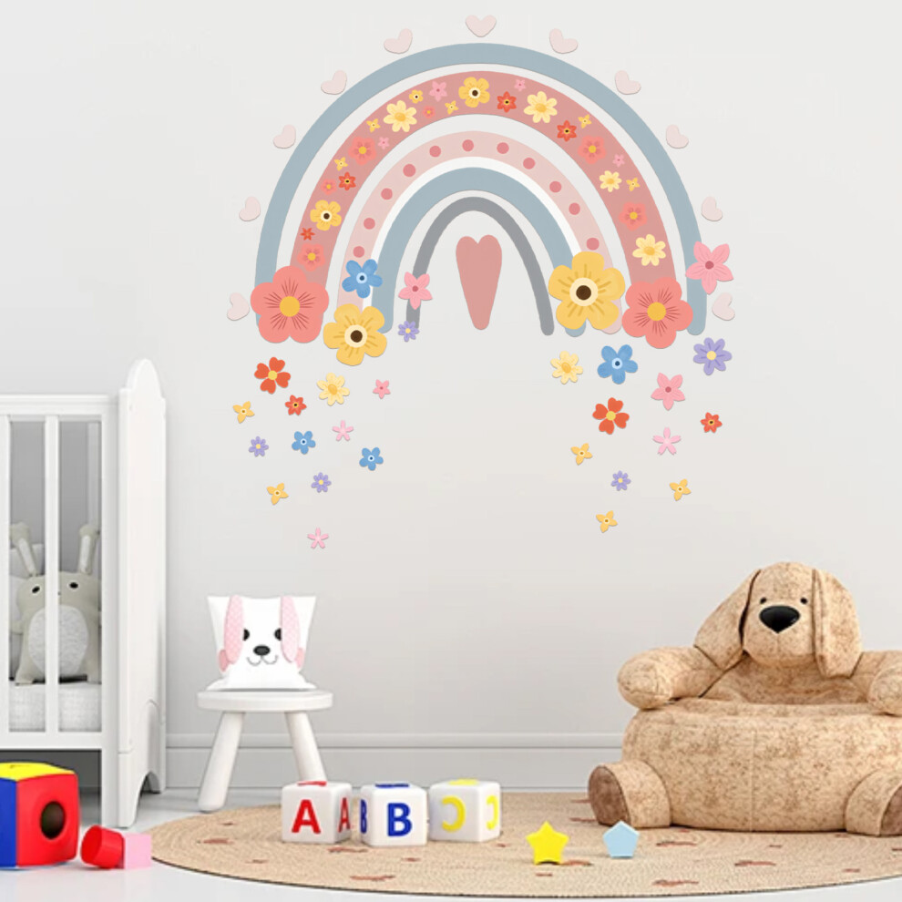 Rainbow Wall Stickers, Wall Decals Colorful Boho Flower Peel and Stick Wall Art Stickers for Girls Bedroom Kids Room Baby Nursery