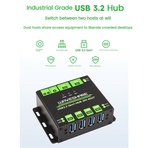 2X Waveshare Industrial 4-Way USB3.2 Gen 1 Hub 2IN-4OUT Dual Host Shared Random Switching Multiple Protection Circuit 1