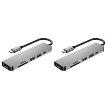 2X Adaptateur de Concentrateur USB de Type C 6 En 1 avec Lecteur de Carte Multiport Compatible 4K 30Hz Adaptateur Multi- Vidéo USB3.0 TF PD