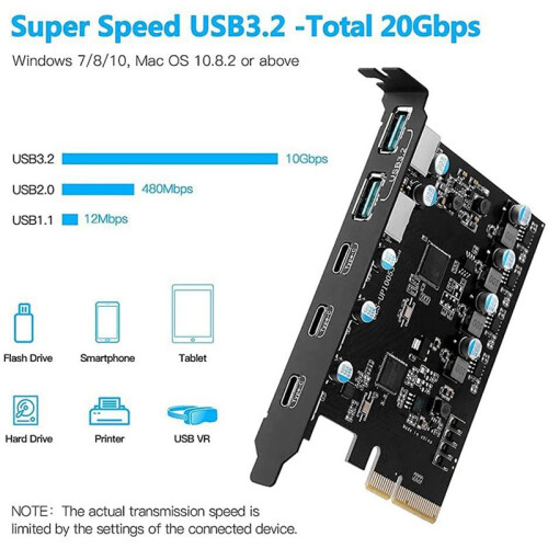 2X Placa Adaptadora PCIe para USB 3.2 Gen 2 Placa de Expansão PCI Express Placa Suplementar PCI-E Riser para PC Windows 10/8/7 e 1