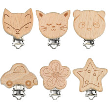 Unique Wooden Design Pacifier Clips, Natural Wooden Baby Suspender Clips for Pacifier, Anti-Sweat Bpa Free Teething Beads Clips, Six Different Designs