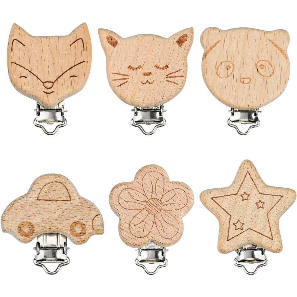 Six Unique Wooden Pacifier Clips, Drool Bibs Compatibility For Everyday Use, Unfinished Wooden Craft For Personalized Creations, Easy Opening And Clos