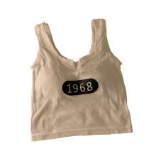 Damen Slim Fit gepolsterter Buchstabe Druck Rippstrick V-Ausschnitt Tanktop Weiß Einheitsgröße