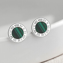S925 Black Onyx Roman Numeral Earrings, Circle Stud Earrings for Women