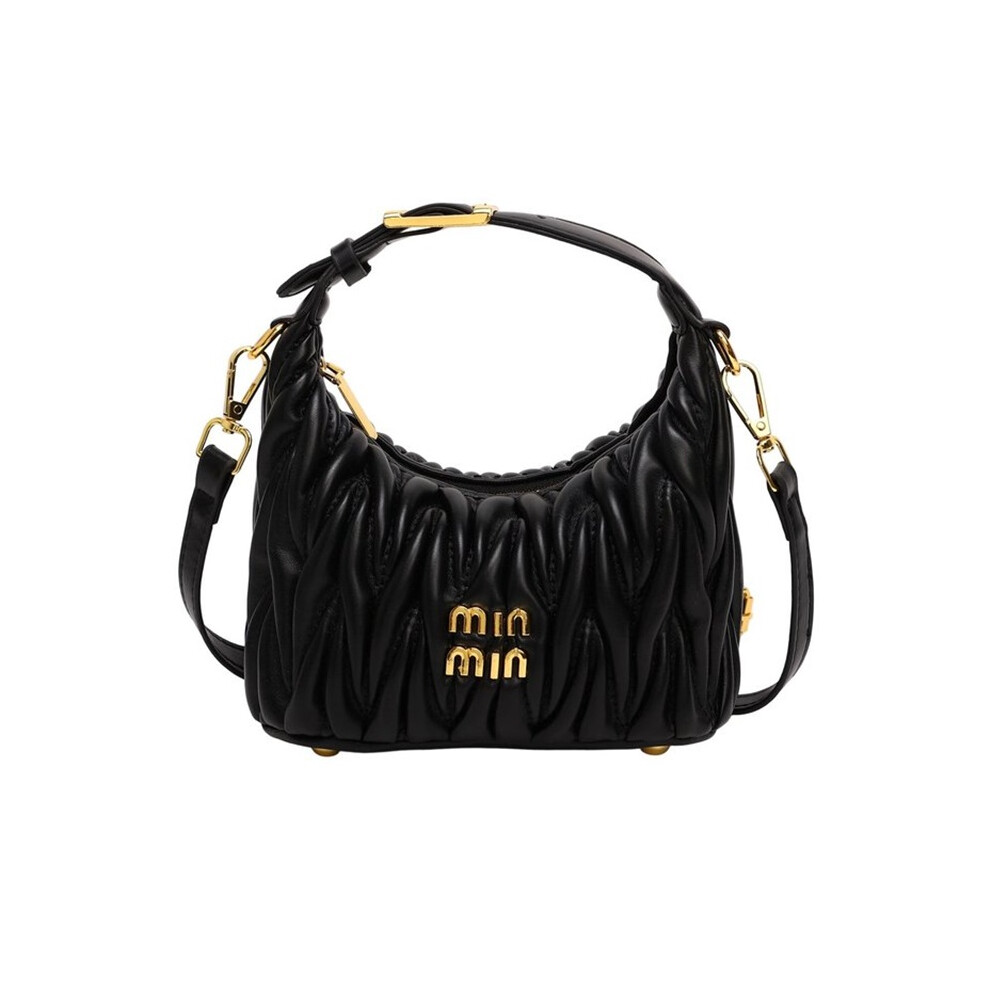(Black) Crossbody Cloud Pleated Underarm Crescent Tote