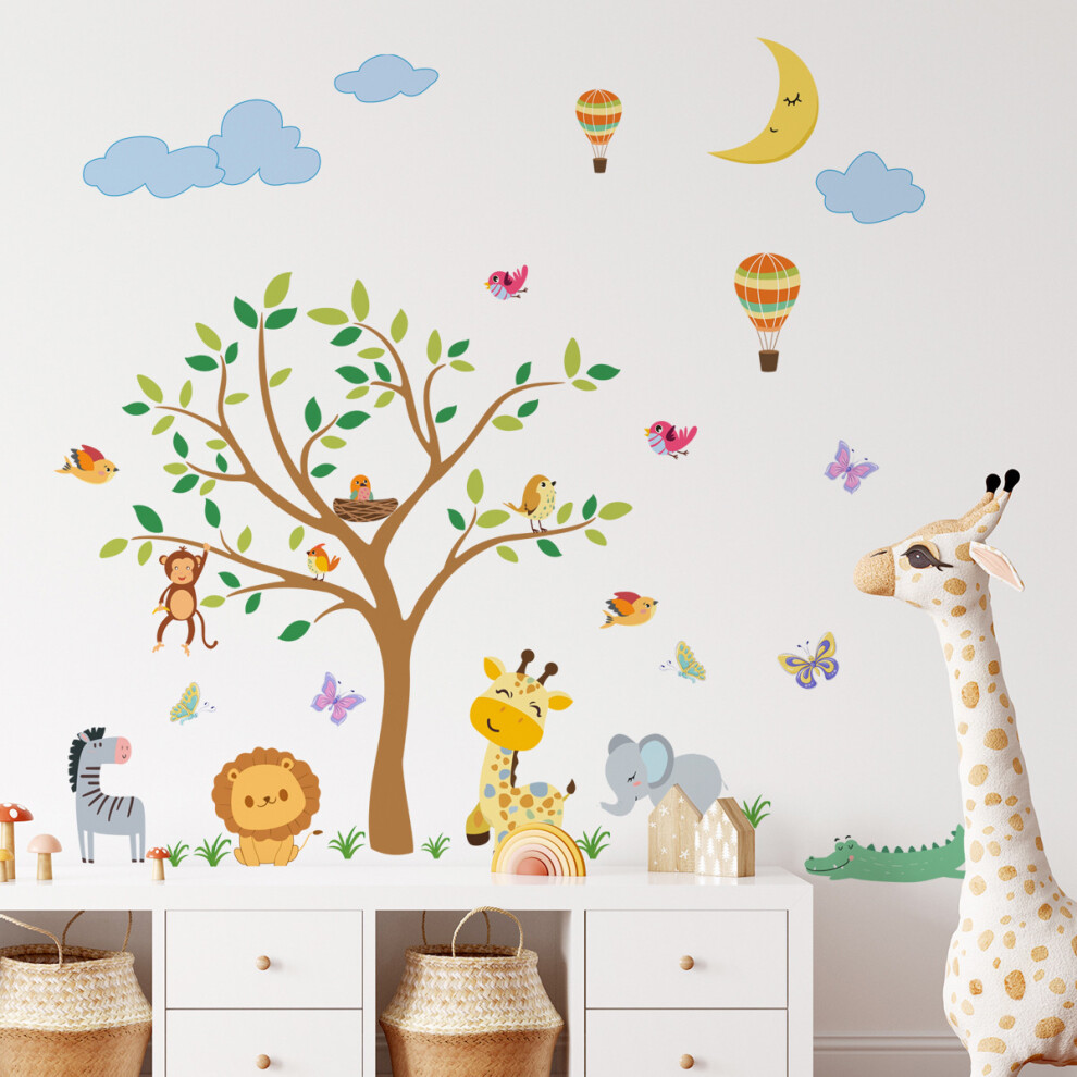 Peel And Stick Jungle Animal Watercolor Decor, Baby Room Decor Cartoon Tree Animal Wall Stickers For Playroom Bedroom Decor, Decorative Scenes (4