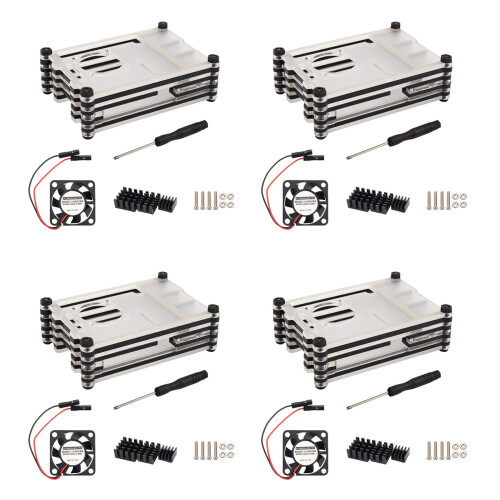 4X Cover Nel Acrilico Trasparente / Trasparente E Nero per Raspberry Pi 4 Modello B, con Ventola di Raffreddamento