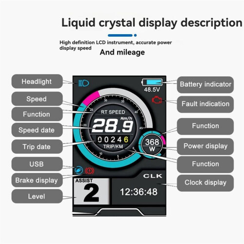 TFT-UKC1 Electric Bike LCD Display Colorful Screen for UART2 Protocol Controller Compatible with 24V-72V Ebike A 2