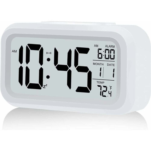 Digital Alarm Clock with Temperature Display, LCD Time Display 4.3 Inch Large Clear Screen with Smart Night Light Sensor Activation, Battery Operated