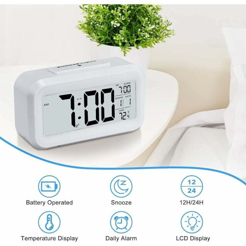 Digital Alarm Clock with Temperature Display, LCD Time Display 4.3 Inch Large Clear Screen with Smart Night Light Sensor Activation, Battery Operated 1
