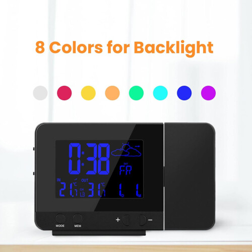 Digital Display Alarm Clock For Modern Living Spaces, Backlight Dimmable Projection Clock With Outdoor Sensor And Hygrometer Function, Adjustable Proj 1
