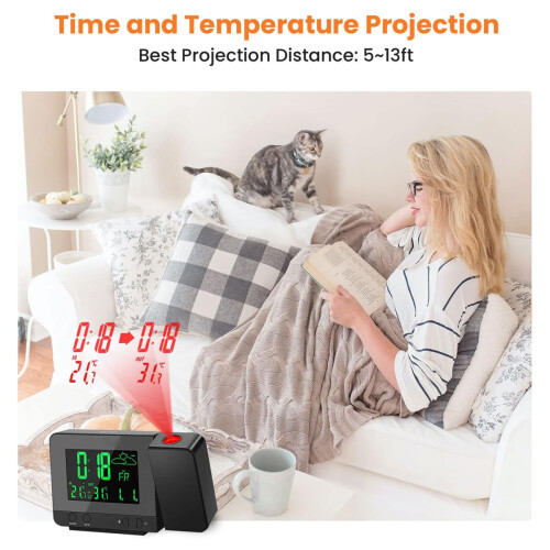 Digital Display Alarm Clock For Modern Living Spaces, Backlight Dimmable Projection Clock With Outdoor Sensor And Hygrometer Function, Adjustable Proj 2