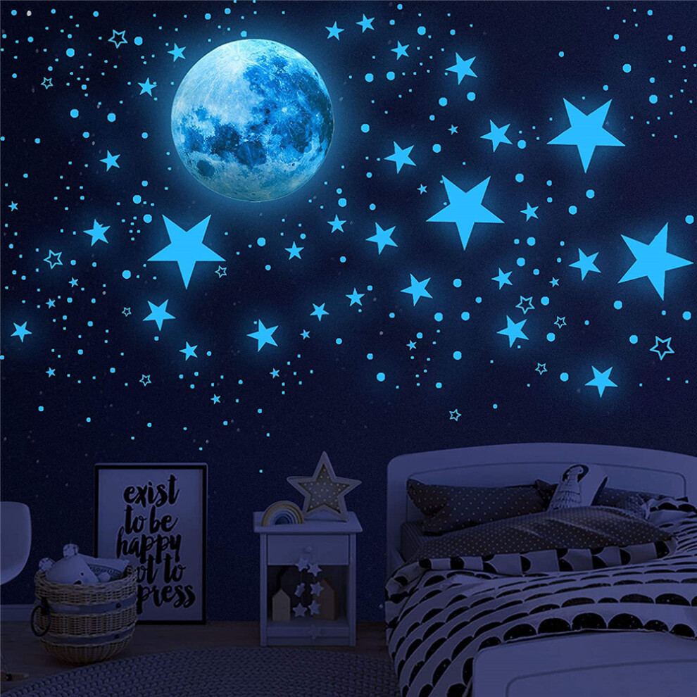 Kid's Favourite Decoration: Handmade, Vibrant Realistic 3D Stickers That Glow In The Moon Included For A Complete Starry Sky Dark/Sky Blue