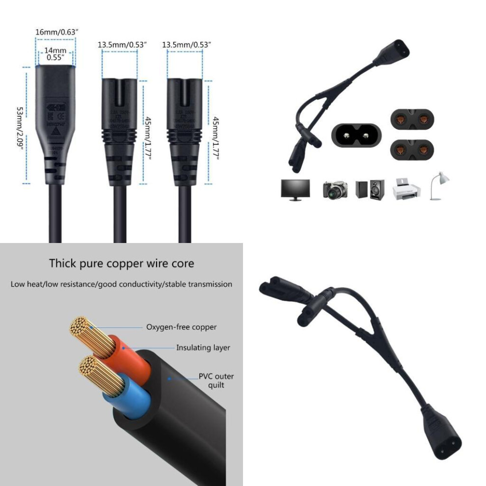 Iec320 C8 2Pin Male To 2Xc7 Female Y Split Power Cable C8 To 2 C7 Iec320 2Pin Figure 8 Male To 2 Female Cord 6935161508567